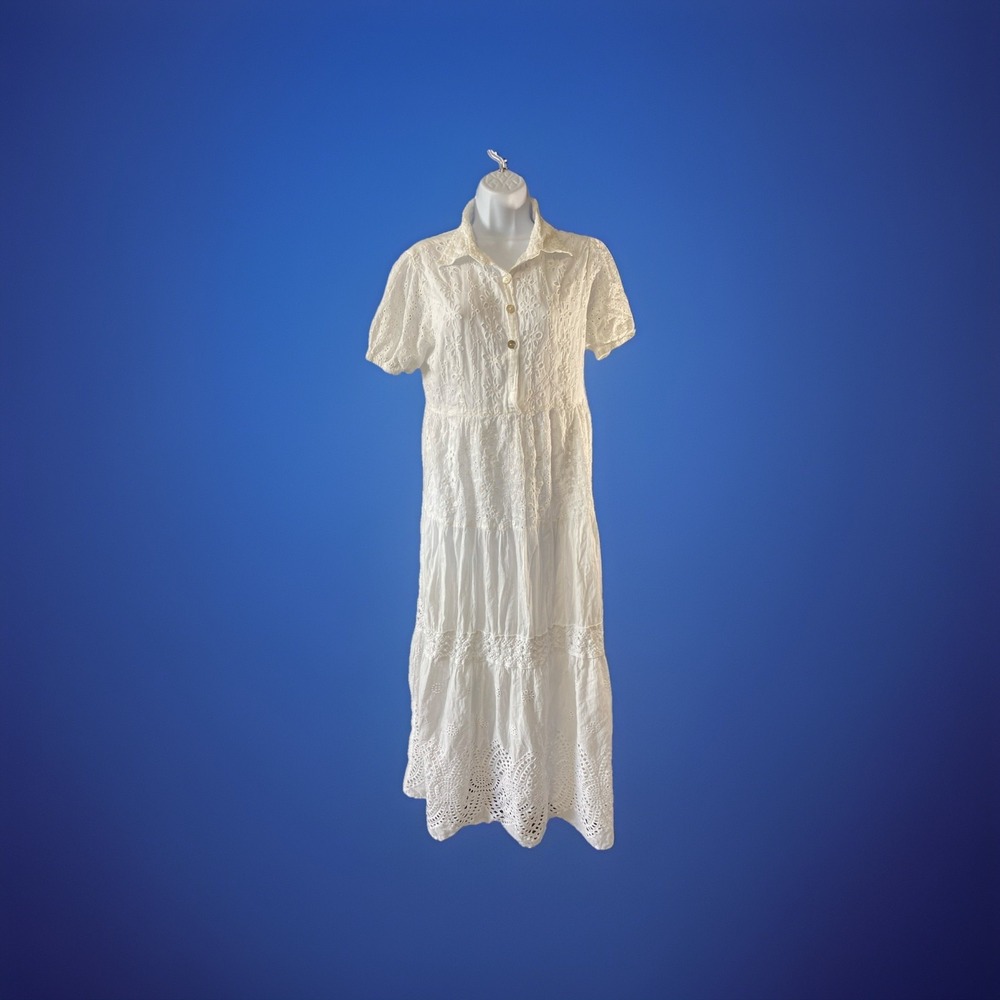 Me 2 Magic Anthropologie Womens Eyelet Boho Peasant Dress Size Large Maxi Teared